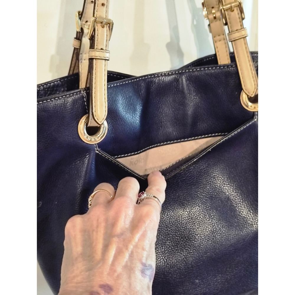 Michael Kors Purple Pebbled Leather Tote Bag Gold Hardware Tan Straps - Picture 3 of 12